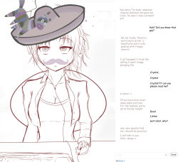  absurdres breasts cleavage crystal_(zko) dazed empty_eyes expressionless female_only femsub hat headphones humor large_breasts mustache open_mouth original ponytail short_hair sketch text unaware user_interface webcam zko 