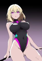  bare_shoulders batta18th blonde_hair breasts dazed empty_eyes female_only femsub glowing_eyes gradient_background jewelry kneeling large_breasts leotard navel open_mouth original pink_eyes short_hair solo swimsuit thick_thighs watermark 