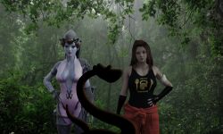 3d breasts brigitte_(overwatch) brown_hair costume disney female_only kaa large_breasts overwatch purple_skin snake the_jungle_book theheckle widowmaker