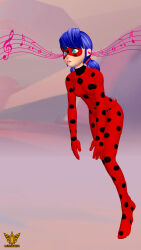 3d absurdres blue_hair bodysuit clothed empty_eyes expressionless female_only femsub green_eyes hypnotic_audio hypnotic_music hypnotized_walking latinkaixa leaning_forward limp marinette_dupain-cheng mask miraculous_ladybug open_mouth short_hair simple_background solo super_hero twintails