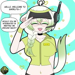 ahoge animal_ears braid cap choker closed_eyes collarbone eyeshadow fangs female_only femsub forced_employee glasses green_hair hat headphones laimu_(limealicious) large_breasts microphone midriff multicolored_hair navel navel_piercing open_mouth saluting signature simple_background smile solo spiral_background tail text uniform virtual_youtuber white_hair wrist_band zombi62