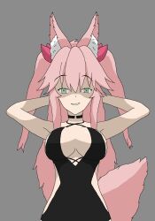 alternate_costume arms_above_head blue_eyes breasts cleavage cosplay costume dress fate/grand_order fate_(series) femsub fox_ears fox_girl fox_tail goddess grey_background justlooking727 koyanskaya large_breasts looking_at_viewer maledom multicolored_eyes pink_eyes pink_hair possession ritsuka_fujimaru_(male) smile smug very_long_hair