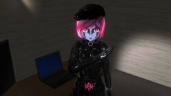 3d beret black_lipstick blue_skin bodysuit breasts collar crotch_tattoo cuffs custom_maid_3d_2 face_paint female_only femsub happy_trance hat latex li_q looking_at_viewer monitor original pink_eyes pink_hair rubber saluting short_hair smile solo standing tight_clothing