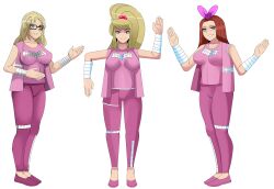  absurdres aurora_(jabberwocky) bandage blonde_hair bow clothed collarbone crimson_(stepfordcrimson) femsub glasses hair_ornament holly_the_dolly_(hollydolly) jacket long_hair multiple_girls multiple_subs original pants ponytail red_hair robot_girl robotization shoes simple_background smile spiral_eyes standing symbol_in_eyes tank_top uniform white_background 