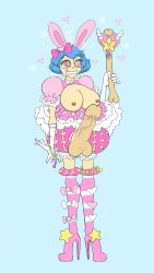 blue_hair bow bunny_ears clothed_exposure drool erection exposed_chest futa_only futanari futasub happy_trance high_heels kaa_eyes large_penis luckyluckyluckypenny magic_wand penis short_hair solo standing standing_at_attention