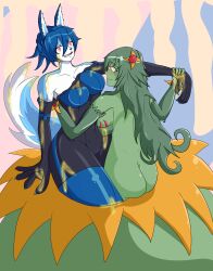 abelia absurdres ass blush bodysuit breasts cleavage dazed female_only femdom furry glowing glowing_eyes green_hair green_skin happy_trance hypnofood hypnotic_eyes large_breasts long_hair monster_girl nectar open_mouth original plant plant_girl razzora shaded-seraphim yuri