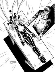  black_widow bodysuit bondage breasts business_suit cables femsub glasses greyscale helmet large_breasts latex long_hair maledom marvel_comics monochrome on_table operating_table original shono short_hair sketch sleeping super_hero table tech_control traditional 