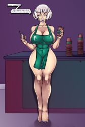  apron barefoot blue_lipstick bottomless breasts corruption dialogue eirhjien elizabeth_(persona_3) evil_smile feet femdom glowing glowing_eyes lactation large_breasts large_hips lipstick makeup naked_apron persona_(series) persona_3 smile starbucks text thick_thighs white_hair yellow_eyes 