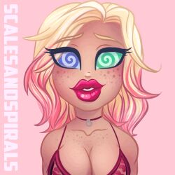  animated animated_gif blonde_hair breasts choker cleavage female_only femsub freckles happy_trance heterochromia large_lips looking_at_viewer multicolored_hair red_lipstick scalesandspirals solo spiral_eyes 