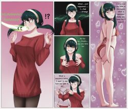  absurdres alternate_costume ass ass_grab bare_legs bare_shoulders barefoot bikini bikini_bottom bikini_top black_background black_hair black_sclera blush border breast_fondling breasts crossed_eyes dialogue english_text evil_smile eye_color_change feet femsub from_behind ghost gradient_background green_eyes hair_band hair_ornament heart holding_breasts looking_back megan milf naughty_face naughty_smile one_eye_open pantyhose pink_background possession red_eyes shrunken_irises simple_background smile spy_x_family standing surprised text wink yor_briar 