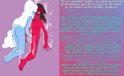  blue_skin bottomless breasts brown_eyes brown_hair caption caption_only consensual female_only femdom femsub long_hair manip missmistress_(manipper) nude pubic_hair ruby_(steven_universe) sapphire_(steven_universe) sex small_breasts steven_universe text topless white_hair 