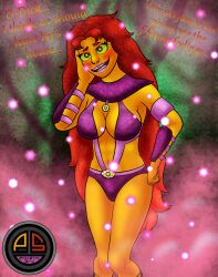 alien alien_girl blush breasts cleavage dc_comics female_only femsub green_eyes happy_trance large_breasts long_hair open_mouth ordeper_arts red_hair smile starfire super_hero symbol_in_eyes teen_titans text western