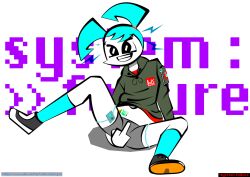 black_eyes female_only jacket jenny_wakeman jennycc middle_finger my_life_as_a_teenage_robot nickelodeon robot shoes shorts smile solo spread_legs tech_control