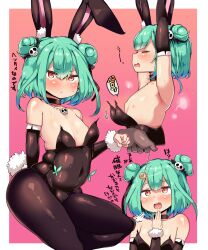  angry arms_above_head atahuta blush bunny_ears bunnysuit choker chubby coin fake_animal_ears fangs flat_chest gloves green_hair hair_buns hair_ornament hololive jewelry nipples opera_gloves pendulum petite red_eyes rushia_uruha short_hair smug sweat text thighhighs topless translated unaware virtual_youtuber 