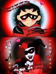  black_hair breasts coils dc_comics dialogue femdom fusion happy_trance harley_quinn heart kaa_eyes malesub mask microphone open_mouth robin singing text thescaletrain 