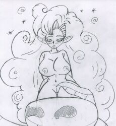 blush bottomless breasts coils curly_hair dazed dragon_ball dragon_ball_z drwaffles elf_ears femsub greyscale large_breasts monochrome navel nipples nude open_mouth pussy ring_eyes sketch snake sparkle spiral topless traditional very_long_hair white_background zangya 