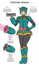 armor capcom cyan_hair damediner female_only heart high_heels megaman_(series) original red_eyes robot_girl skirt solo standing stepford_woman_(sullenmoony) text white_background