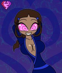  aged_up ambiguous_pov arms_above_head avatar_the_last_airbender blue_background braid brown_hair cleavage dark_skin eyebrows_visible_through_hair happy_trance heart_eyes hypnoscream katara kimono large_breasts looking_at_viewer pink_eyes simple_background smile solo tied_hair wide_hips 