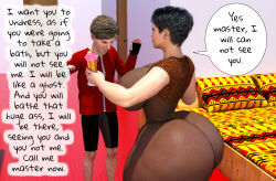 3d ass bbw black_hair blonde_hair bottomless breasts comic dazed drugged empty_eyes expressionless fat huge_ass huge_breasts hypnotic_drink hypnotic_drug incest large_breasts maledom original rvacomics see-through short_hair text