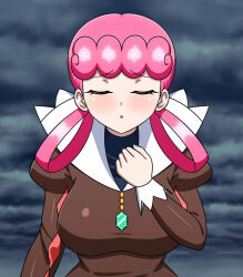 alternate_costume blush breasts closed_eyes eyeshadow female_only femsub huge_breasts large_breasts light_skin long_hair nintendo nurse_joy pale_skin pink_hair pokemon pokemon_(anime) yensh