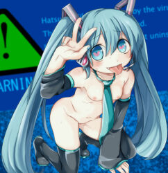 all_fours blue_hair blush boots bottomless breasts drool femsub happy_trance heart heart_eyes miku_hatsune nude small_breasts sweat symbol_in_eyes tech_control text thigh_boots tie tongue tongue_out topless traditional twintails v very_long_hair virus vocaloid yanaril