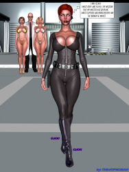  3d age_difference andrea_(hypnoman) bald belt bikini blonde_hair bodysuit boots bracelet breasts cleavage collarbone earpiece earrings evil_smile expressionless femsub gun high_heels hot_paradise huge_breasts hypnoman hypnotized_dom jewelry maledom milf netorare pink_lipstick red_hair red_lipstick ring short_hair smile standing standing_at_attention talia_danvers text thick_thighs thong vivian_castle white_eyes 