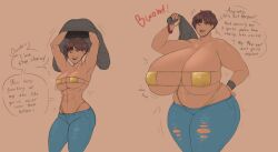  abs ass_expansion before_and_after bikini breast_expansion breasts brown_eyes brown_hair dialogue femsub franktonius huge_breasts hyper_breasts jacket jeans large_hips milf original riley_the_tomboy_milf_(franktonius) speech_bubble text thick_thighs tomboy torn_clothes transformation unaware undressing 