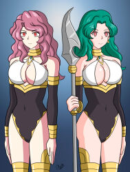 alerith arm_warmers black_clover cleavage code_geass collarbone earrings empty_eyes expressionless female_only femsub gradient_background green_hair large_breasts leotard long_hair multiple_girls multiple_subs navel pink_hair sailor_moon_(series) sailor_neptune simple_background spear standing standing_at_attention thighhighs vanessa_enoteca weapon