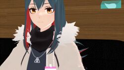 3d airmotor animal_ears animated animated_gif arknights black_hair coat couch dog_pose earrings embarrassed eye_roll female_only femsub fur_coat gloves jacket looking_at_viewer mmd multicolored_hair necklace orange_eyes panting pantyhose pet_play red_hair scarf shirt shorts sitting sleep_command smile t-shirt texas_(arknights) tongue tongue_out wolf_girl