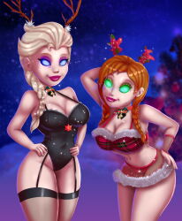 14-bis bare_shoulders bell bikini blue_eyes braid choker christmas christmas_tree cleavage disney femdom femsub frozen glowing_eyes green_eyes hand_on_head hand_on_hip happy_trance large_breasts long_hair princess_anna queen_elsa red_hair red_lipstick short_skirt smile thighhighs twin_braids white_hair