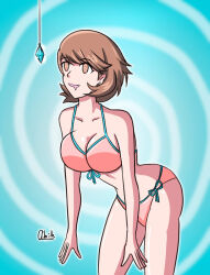  alerith bare_legs bent_over bikini brown_eyes brown_hair cleavage collarbone crystal drool earrings female_only femsub happy_trance leaning_forward open_mouth persona_(series) persona_3 short_hair signature simple_background smile solo spiral_background spiral_eyes standing symbol_in_eyes yukari_takeba 