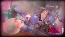  3d akajiro blonde_hair bodysuit breasts breath capcom cleavage closed_eyes cosplay cunnilingus femsub gloves jill_valentine maledom open_mouth orgasm p30 pussy_juice resident_evil resident_evil_requiem sherry_birkin short_hair squirting tears tech_control text ugly_bastard 