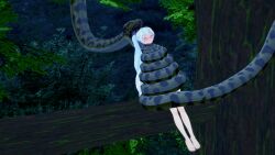 3d bikini breasts closed_eyes coils disney happy_trance imminent_vore kaa kaa_eyes large_breasts leopard_print lipstick long_hair makeup mmd mrkoiru outdoors pale_skin ping ponytail rwby silver_hair sitting smile snake the_jungle_book trees weiss_schnee