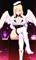  ai_art angel blonde_hair boots breasts cleavage crossed_legs dominatrix femdom glowing_eyes hat hourglass_figure hypnotic_eyes jaaysiin_(manipper) large_breasts legs looking_at_viewer magic military_uniform novelai_(ai) purple_eyes riding_crop shiny_skin sitting smile sparkle thick_thighs thighhighs thighs wings 