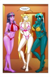  alien_girl bare_shoulders barefoot blonde_hair blue_eyes border brown_eyes comic crossover dialogue english_text equestria_girls facial_markings femdom femsub green_skin hair_buns horns large_breasts lingerie long_hair lum midriff multicolored_hair multiple_girls multiple_subs my_little_pony oni_girl open_mouth purple_eyes purple_skin sailor_moon sailor_moon_(series) speech_bubble standing text twilight_sparkle twintails urusei_yatsura very_long_hair wadevezecha 
