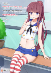 altered_perception cosplay dazed female_only hifumi_(new_game) kantai_collection looking_at_viewer new_game! ponytail school_uniform shimakaze_(kantai_collection) skirt solo text thighhighs thong unaware vahn_yourdoom