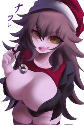 brown_hair cap coin friday_night_funkin' girlfriend_(friday_night_funkin') huge_breasts hypnotizing_viewer jacket long_hair pendulum pov_sub smile text thenaxless thighhighs yellow_eyes