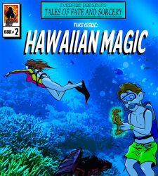 brown_hair comic everfire glowing goggles long_hair mother_and_son original oxygen_mask short_hair shota statue swimsuit text underwater