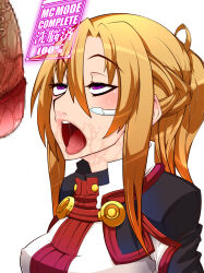 asuna belu blonde_hair blush breasts dazed drool erect_nipples erect_nipples_under_clothes femsub large_breasts long_hair penis purple_eyes simple_background sweat sword_art_online tech_control text tongue tongue_out