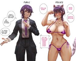animal_ears bikini bikini_bottom bikini_top blue_eyes blush breasts cat_ears clothed clothed_exposure dialogue english_text fake_animal_ears fake_tail female_only femsub globining heart heart_eyes nipples original pet_play purple_hair short_hair simple_background solo suit symbol_in_eyes tail text tie tomboy white_background