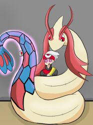  auroracuno brendan_(pokemon) coils doll glowing glowing_eyes hat hypnotic_tail malesub milotic nintendo open_mouth pink_eyes pokemon pokemon_(creature) pokemon_ruby_sapphire_and_emerald simple_background snake spiral_eyes symbol_in_eyes tail 