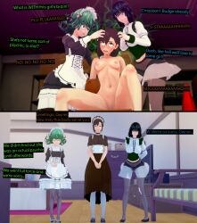  3d brown_hair cyanstargazer dandadan empty_eyes femsub fubuki_(one_punch_man) green_hair hypnotized_hypnotist maid maid_headdress momo_ayase nipples nude one_punch_man resisting tatsumaki_(one_punch_man) text 