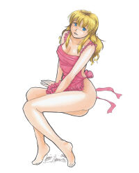 apron barefoot blonde_hair blue_eyes blush bottomless breasts cleavage empty_eyes feet female_only femsub happy_trance large_breasts long_hair naked_apron original shadowednavi solo traditional