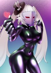  absurdres alternate_costume bodysuit breasts bunny_ears bunny_girl bunnysuit clothed costume crossover erect_nipples_under_clothes femsub gradient_background hat heart honkai_star_rail hypnotic_clothing hypnotic_mask living_costume looking_at_viewer mask navel persona_(series) persona_5 possession radeon shadow_bunny sparxie symbol thick_thighs thighs tight_clothing twintails very_long_hair white_hair 