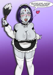 blush breasts cleavage dc_comics dialogue diggerman feather_duster femsub heart large_breasts maid raven simple_background solo spiral_eyes super_hero sweat symbol_in_eyes teen_titans text
