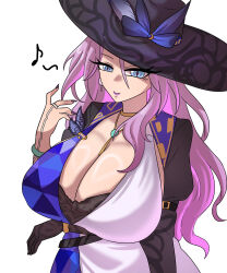 absurdres blue_eyes breasts cleavage earrings eyeshadow female_only femsub hat honkai_star_rail huge_breasts jade_(honkai_star_rail) jewelry joeneko26 lipstick long_hair makeup necklace open_mouth purple_hair simple_background smile white_background 