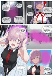 ai_art bb_(fate/extra_ccc) blush breasts cosplay costume dialogue english_text fate/extra_ccc fate/grand_order fate_(series) femsub glasses groping hand_on_head kodawarite_(generator) large_breasts long_hair maledom mashu_kyrielight open_mouth outdoors pink_hair possession purple_hair short_hair smile smoke speech_bubble standing text tie transformation
