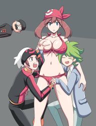 bikini breast_grab brendan_(pokemon) electrickronos empty_eyes erect_nipples expressionless groping large_breasts masturbation may midriff pokemon pussy_juice squatting tight_clothing wally_(pokemon) wet