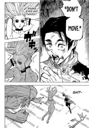 aware body_control clothed dialogue english_text femsub hypnotic_voice jujutsu_kaisen long_hair maledom official rika_(jujutsu_kaisen) short_hair sword takako_uro text weapon yuta_okkotsu