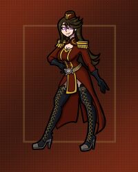  agnes_oblige archfolie bravely_default bravely_second breasts brown_hair cleavage clothed coat corruption enemy_conversion epaulettes eyebrows_visible_through_hair female_only femsub gloves glowing_eyes happy_trance hat heart_eyes high_heels long_hair military_uniform simple_background smile solo square_enix symbol_in_eyes 